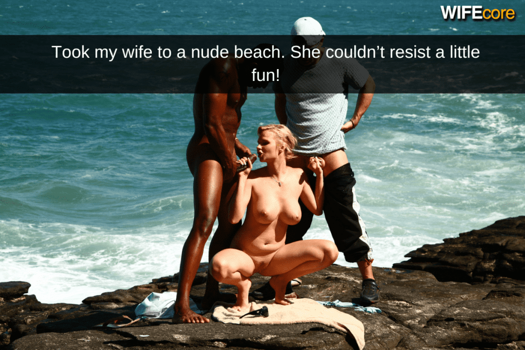 wife on nudist beach pleasing two hung guys with a sea view behind her
