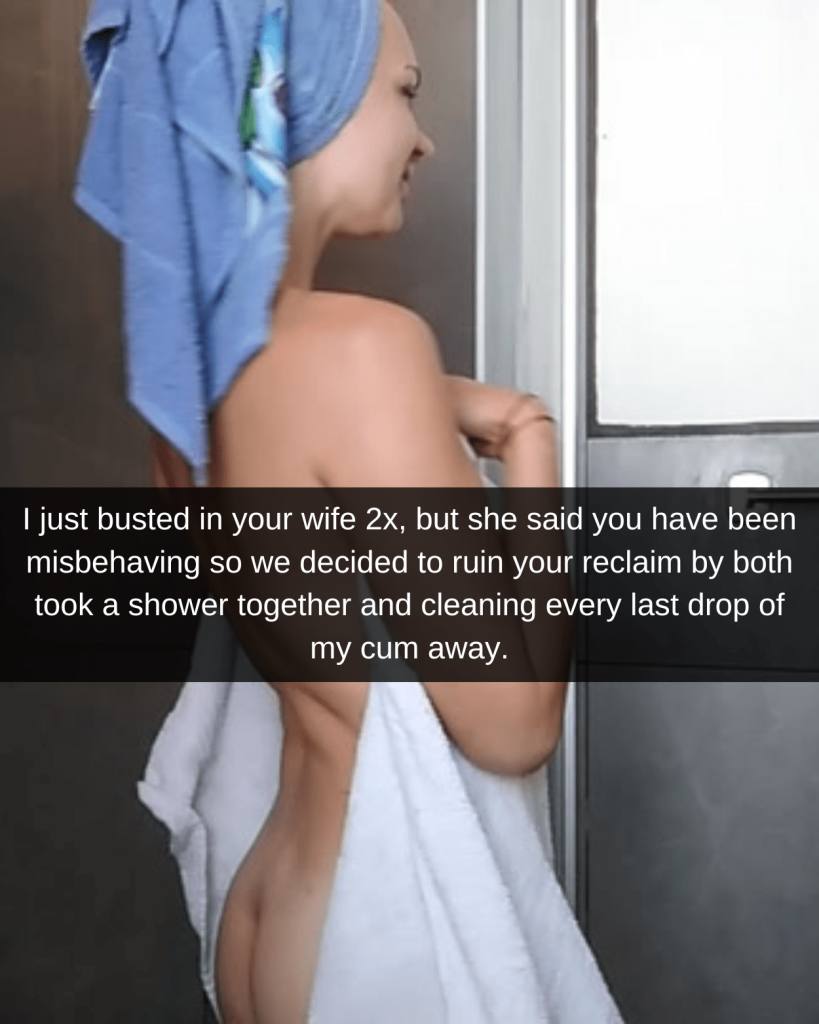 I just busted in your wife 2x, she said you have been misbehaving so we ruined your reclaim by taking a shower together and washing away every drop Woman standing in a white towel which has fell slightly, revealing her base ass and back. She wears a blue towel on her head and has just stepped out of the shower