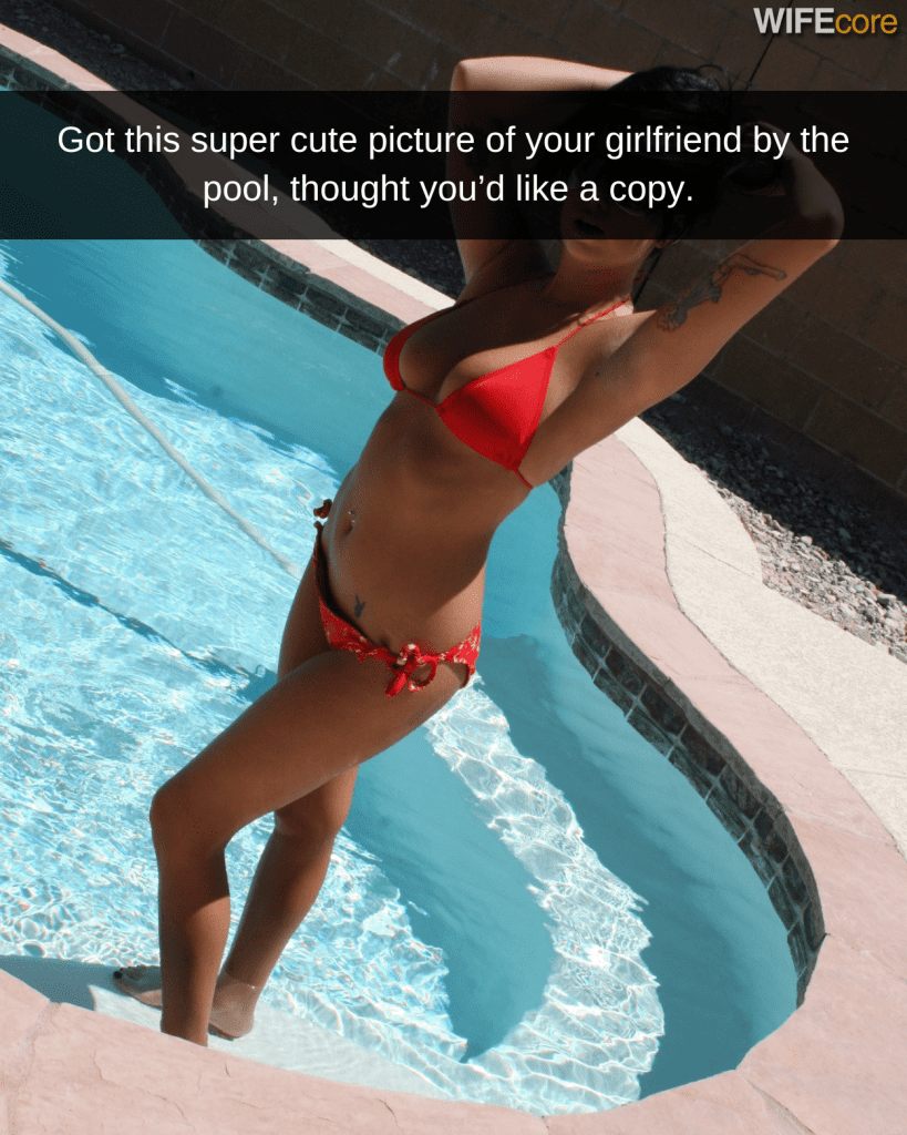 sexy gf in bikini getting is swimming pool. Snapchat caption: Got this super cute picture of your girlfriend by the pool, thought you'd like a copy.